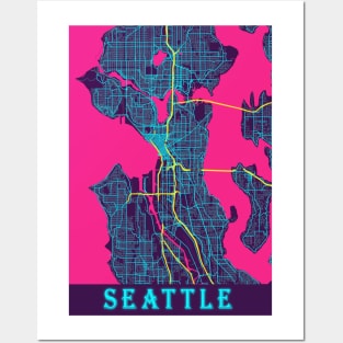 Seattle Neon City Map, Seattle Minimalist City Map Art Print Posters and Art